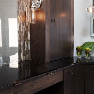 Open Contemporary Bath with Walnut Vanity and Hidden Storage