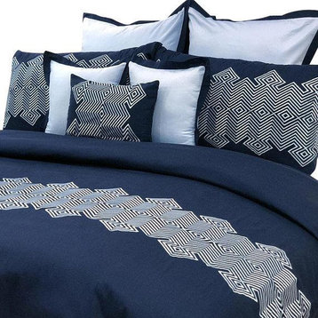 King Duvet Cover in Navy Blue Cotton with Embroidery