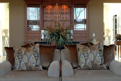 Example of a huge transitional open concept and formal light wood floor living room design in DC Metro with brown walls, a standard fireplace, a concrete fireplace and a media wall