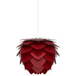 UMAGE - Aluvia Plug-In Pendant, Mini, Ruby/White - Modern. Elegant. Striking. The VITA Aluvia is an artistic assemblage of 60 precision-cut aluminum leaves, overlapping each other on a durable polycarbonate frame. These metal leaves surround the light source, emitting glare-free, ambient light.  The underside of each leaf is painted white for increased light reflection, and the exterior is finished in one of six designer colors. Available in two sizes, the Medium (18.9"h x 23.3"w) can be used as a pendant or hanging wall lamp, while the Mini (11.8"h x 15.7"w) is available as a pendant, table lamp, floor lamp or hanging wall lamp. Hang it over the dining table, position it in a corner, or use as a statement piece anywhere; the Aluvia makes an artistic impact in any room.
