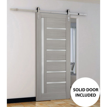 Barn Door 32 x 96 Frosted Glass, Quadro 4088 Grey Ash, Silver 6.6FT