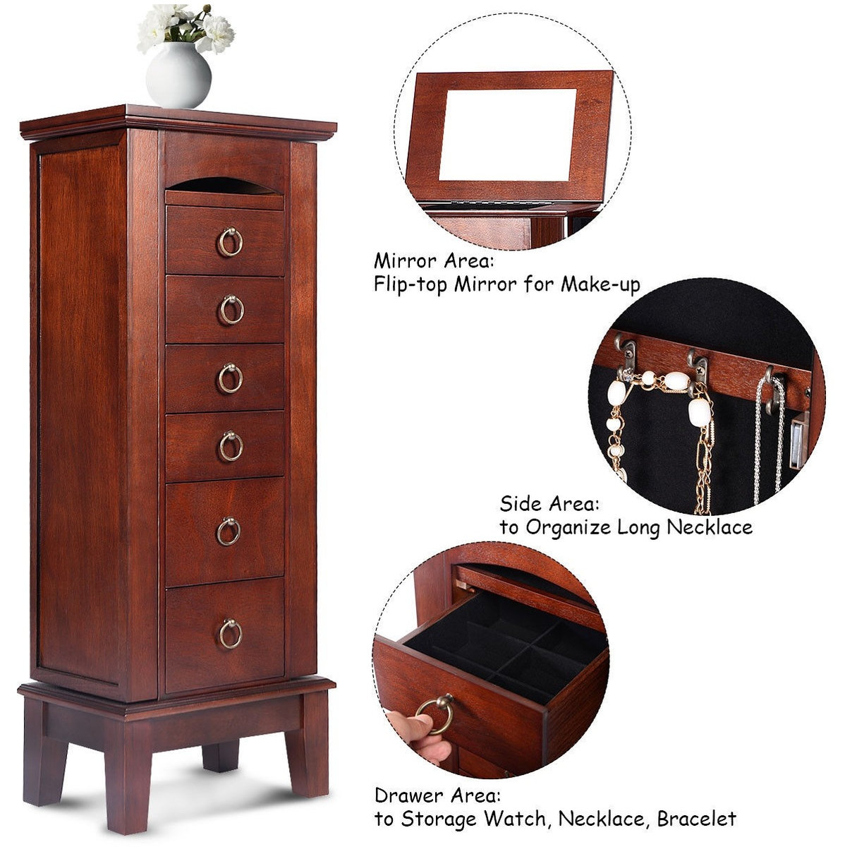Elegant Wooden Jewelry Cabinet Storage Organizer with 6 Drawers ...