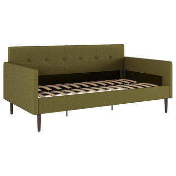 Midcentury Modern Daybed, Linen Upholstery & Tufted Backrest, Olive Green, Twin