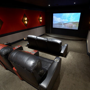 Design ideas for a medium sized traditional enclosed home cinema in Chicago with red walls, carpet and a projector screen.