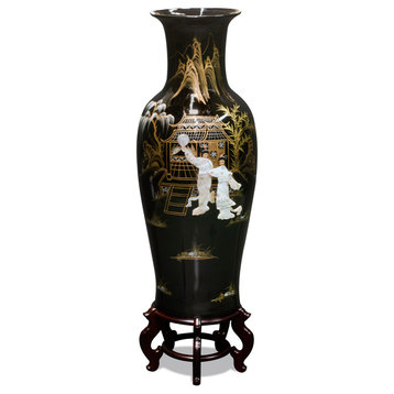 37.5 Inch Black Lacquer Mother of Pearl Oriental Porcelain Vase