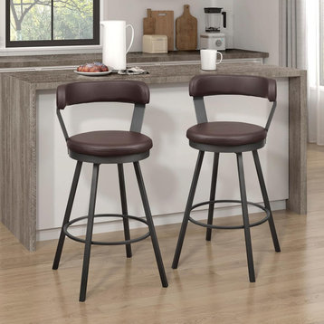 Set of 2 Bar Stool, Metal Frame With Rounded Faux Leather Seat & Footrest