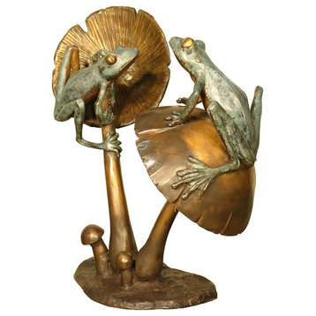 Two Frogs Resting On Mushrooms Bronze Sculpture