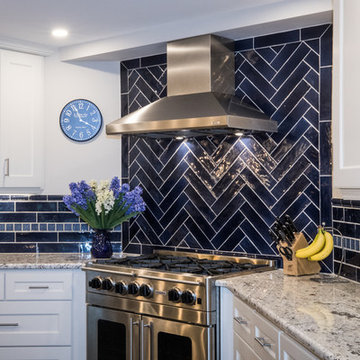 Coastal Navy & White Kitchen Remodel | Quartz Island & Herringbone Tile