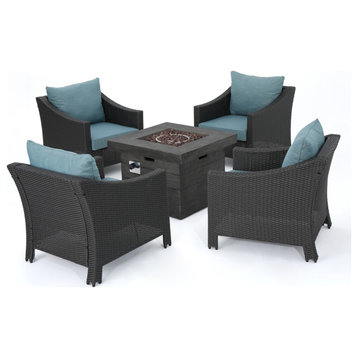 GDF Studio 5-Piece Andrew Outdoor Wicker Chat Set With Fire Pit, Teal