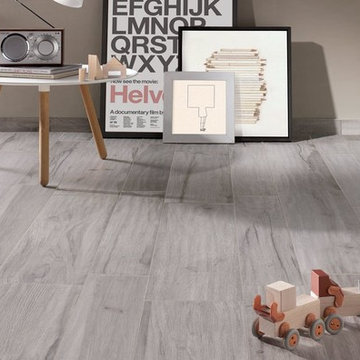 Wood-look tiles with auto-leveling technolgy