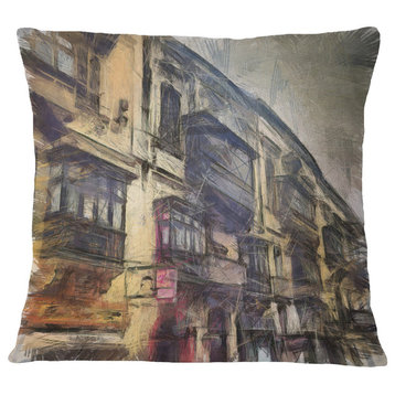 Old City Street Watercolor Painting Cityscape Throw Pillow, 16"x16"