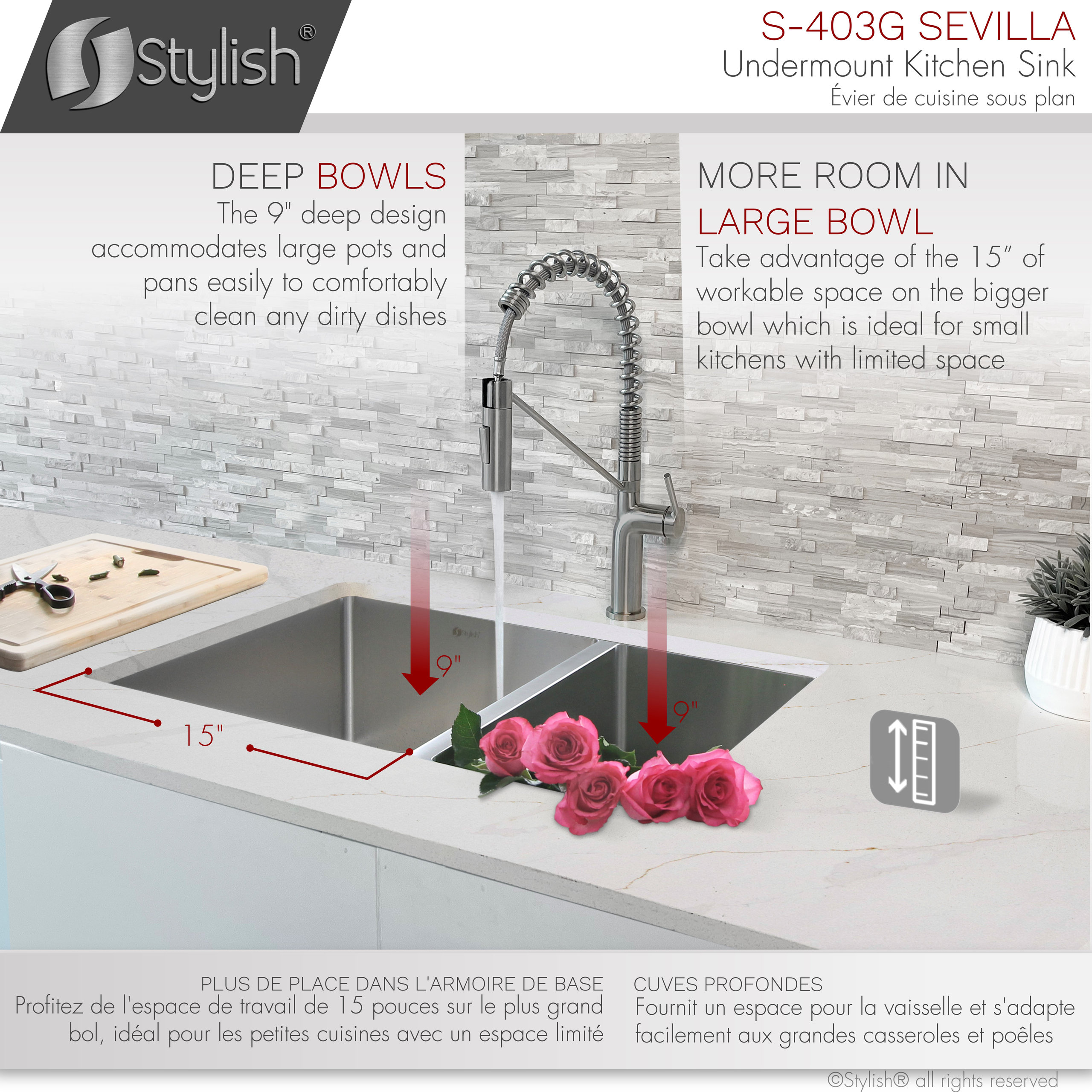 STYLISH 28" Double Bowl 60/40 Reversible Undermount Stainless Steel Kitchen SInk