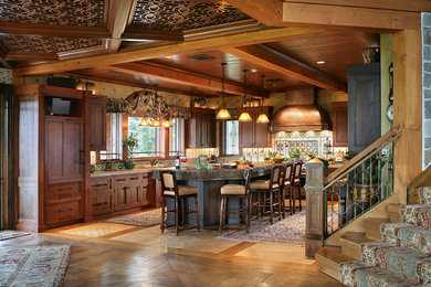 Inspiration for a large rustic u-shaped medium tone wood floor kitchen remodel in New York with recessed-panel cabinets, distressed cabinets and concrete countertops