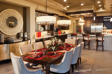 Example of a classic l-shaped porcelain tile eat-in kitchen design in Tampa with shaker cabinets, dark wood cabinets, quartzite countertops, stainless steel appliances and an island