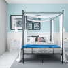 Queen Canopy Bed, Top Ball Design With Metal Slats & Scrolled Headboard, Black