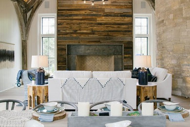 Cottage family room photo in Atlanta with a metal fireplace