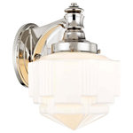 Recesso Lighting - Art Deco Sconce Polished Nickel by Recesso Lighting - Art Deco Sconce Polished Nickel by Recesso Lighting  Polished nickel 1-light schoolhouse sconce with opal white patterned glass. 120 volts line voltage. Takes one 60-watt medium base light bulb (not included). Rated for dry indoor locations only. UL/ CUL certified.
