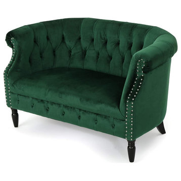 Traditional Chesterfield Loveseat, Emerald Velvet Tufted Seat and Scrolled Arms