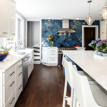 Transitional Kitchen | Oversized Quartz Countertops and Blue Moroccan Backsplash