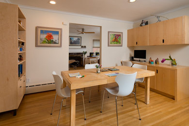 Inspiration for a scandinavian light wood floor dining room remodel in Other with white walls