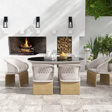 7 Pieces Traditional Aluminum Outdoor Dining Set with Oval Glass Table Rattan Ar
