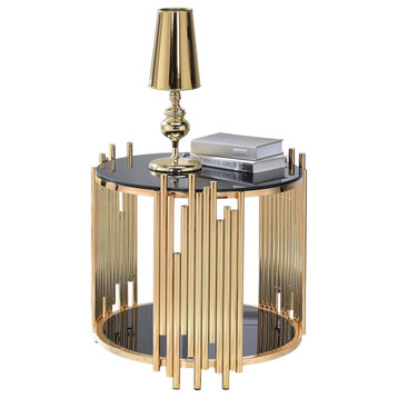 Modern Metal And Glass End Table With Tubing Design, Black And Gold