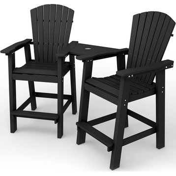 Set of 2 Outdoor Adirondack Barstool With Connecting Tray, Slatted Seat and Back