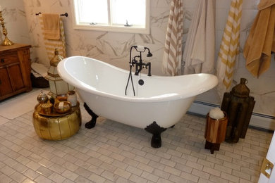 Large tuscan master white tile and marble tile porcelain tile and gray floor bathroom photo in New York with furniture-like cabinets, brown cabinets, a one-piece toilet, white walls, a vessel sink, wood countertops and a hinged shower door