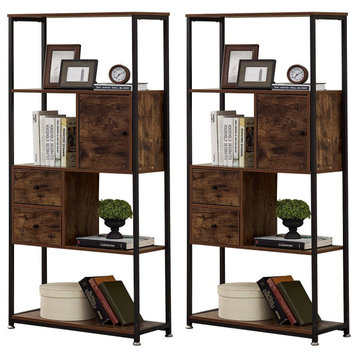 Multifunctional Bookcase, Metal Frame With Open Shelves & Cabinets, Rustic Brown