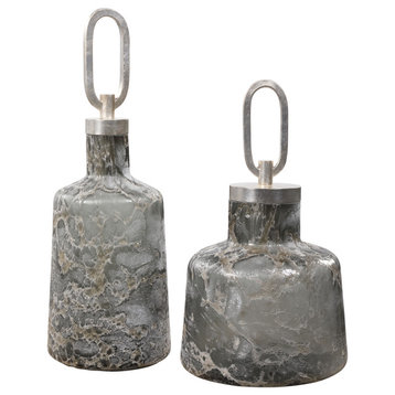 Textured Art Glass Bottle Gray Silver Storm Drip Large Jar Vase, 2-Piece Set