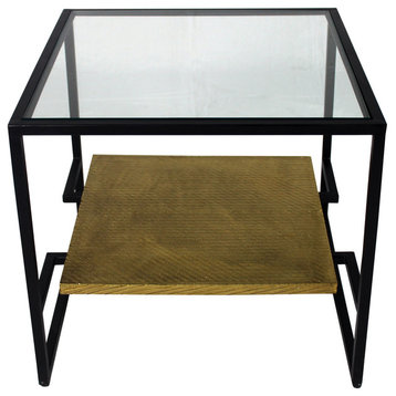 Orlando Cooper End Table on Black Cast Iron Frame with Glass Top and Brass Shelf