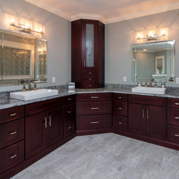 Transitional Cabico Unique Cherry Cordovan Master Bath Remodel with River White