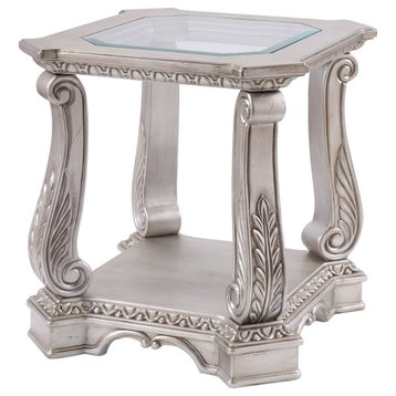 Traditional Side Table, Scrolled Legs With Carved Details & Glass Insert Top