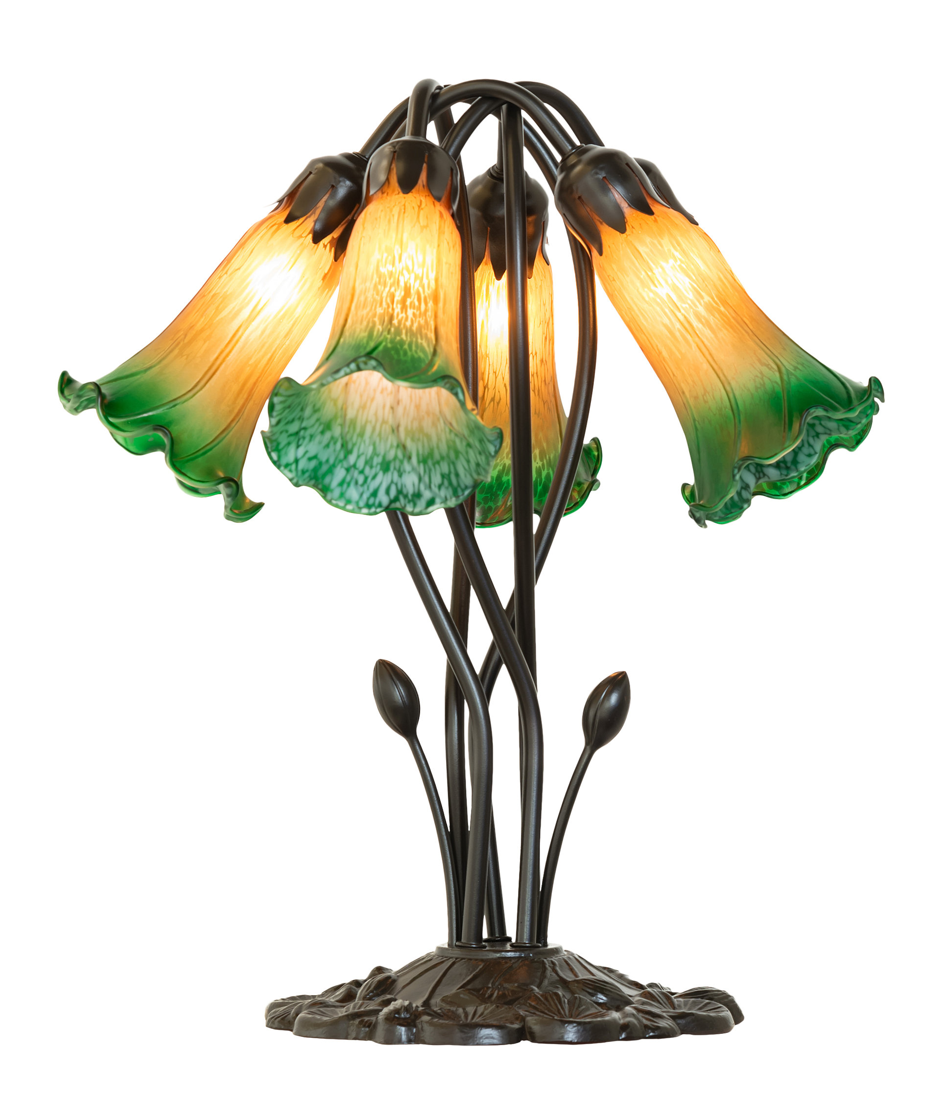 16" High Amber/Green Tiffany Pond Lily 5 Light Table Lamp ...