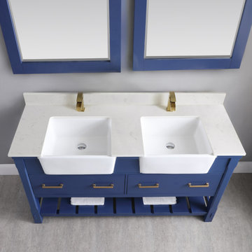 Georgia 60" Double Bathroom Vanity Set in Jewelry Blue and Composite Carrara Whi
