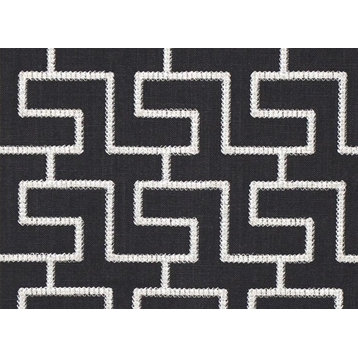 Modern Black Geometric Fabric Embroidered Silver Greek Key Upholstery material, Standard Cut