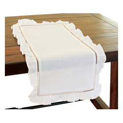 Xia Home Fashions - Hemstitch/Ruffle Trim White and Natural Hemstitch Table Runner - Table Runners