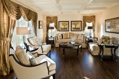 Inspiration for a large timeless formal and enclosed dark wood floor and brown floor living room remodel in New York with beige walls, no fireplace and no tv