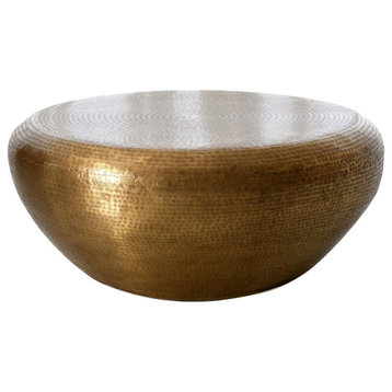 Hammered Brass Drum Round Coffee Table, Large Minimalist Modern Gold 35"
