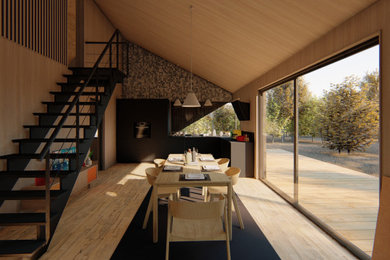 Example of a large trendy ceramic tile and beige floor family room design in Paris