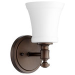 QUORUM INTERNATIONAL - QUORUM 5422-1-186 Rossington 1-Light Wall Mount, Oiled Bronze with Satin Opal - QUORUM INTERNATIONAL 5422-1-186 Rossington 1-Light Wall Mount, Oiled Bronze w/ Satin OpalSeries: RossingtonFinish: Oiled Bronze w/ Satin OpalDimension(in): 9(H) x 5.13(W) x 6(Ext)Bulb: (1)100W Medium Base(Not Included)Diffuser Material: GlassShade Color: Satin opalUL Type: Damp