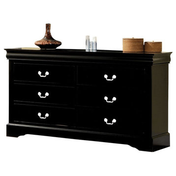 Double Dresser, Rubberwood Construction With 6 Spacious Drawers, Black