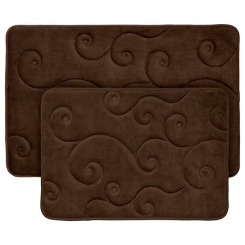 2 PC Memory Foam Bath Mats, Embossed Coral Fleece Top for Shower or Laundry, Chocolate