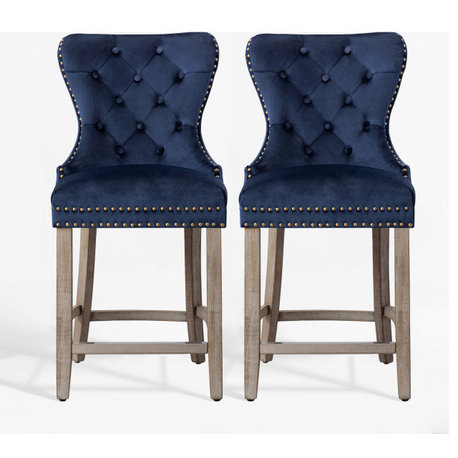 WestinTrends 2PC 24" Wingback Tufted Velvet Counter Stool Set, Antique Gray, Velvet Navy Blue