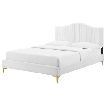 Tufted Platform Bed Frame, Full Size, Velvet, White, Modern Contemporary
