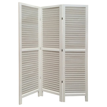 3 Panel Foldable Wooden Shutter Screen With Straight Legs, White
