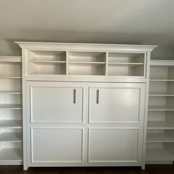 Custom Built Vertical Murphy Bed with Side and Upper Shelving, In White Finish