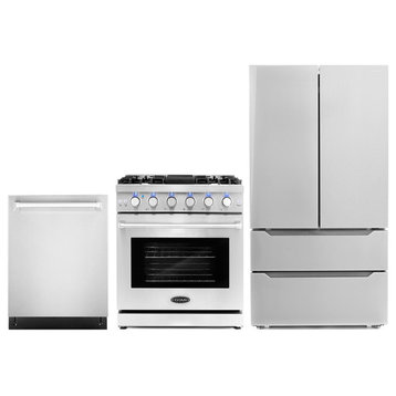 3-Piece, 30" Gas Range, 24" Dishwasher and French Door Refrigerator