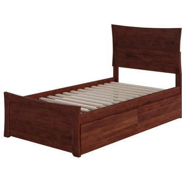 Twin Platform Bed, Wooden Frame With Slatted Support and 2 Drawers, Walnut