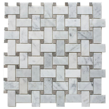 12"x12"Carrara White Marble Mosaic Tile, Basketweave With Gray Dot, Honed, Set o